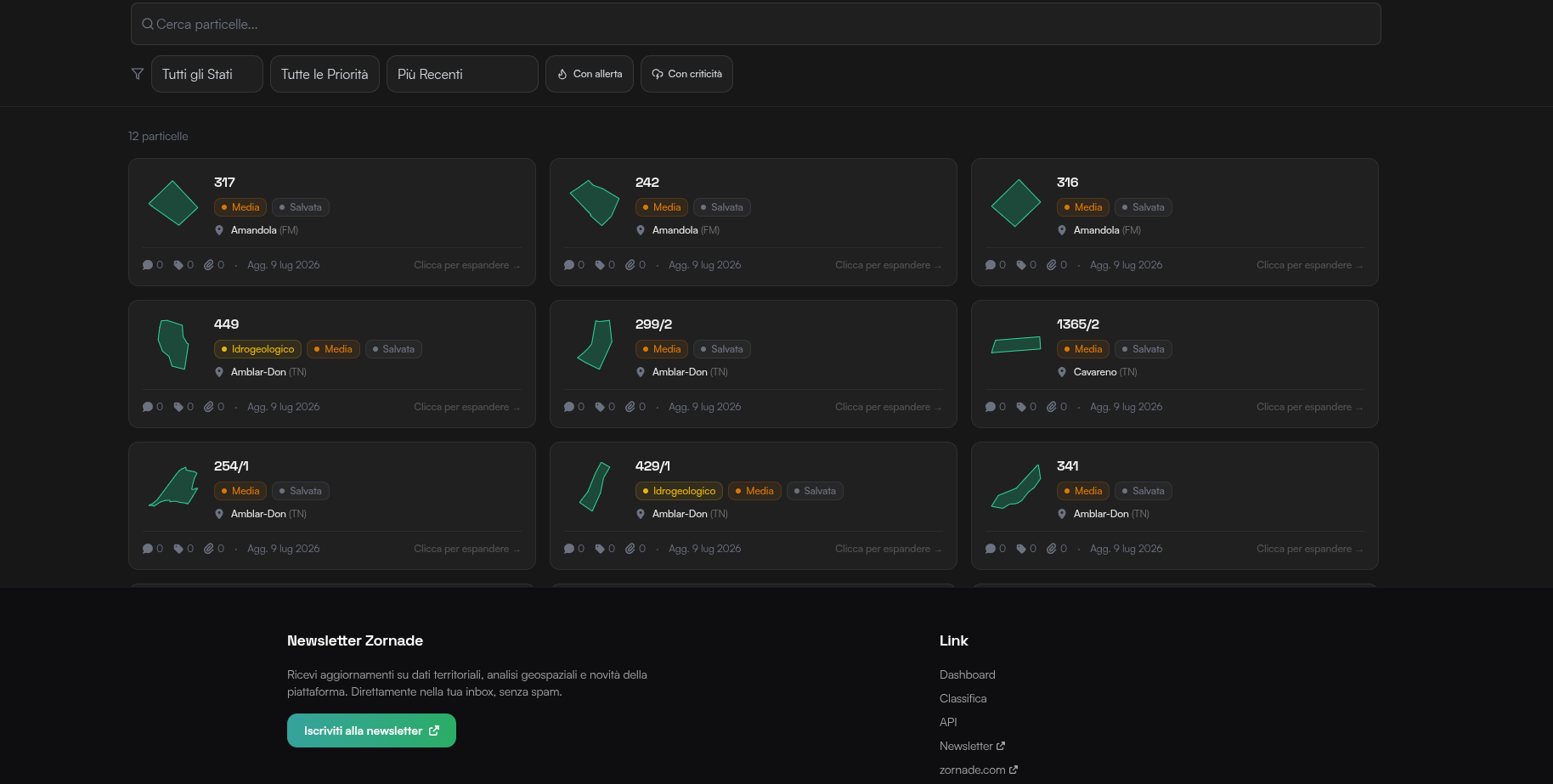 Lista di particelle salvate con badge colorato per lo stato di avanzamento (In osservazione, Interessante, In trattativa, ecc.) e livello di priorità