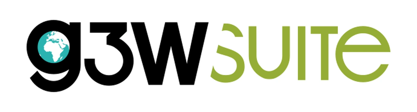 Il logo di G3W-SUITE: la scritta g3w in nero, con un globo disegnato dentro la lettera g, seguita dalla parola SUITE in verde