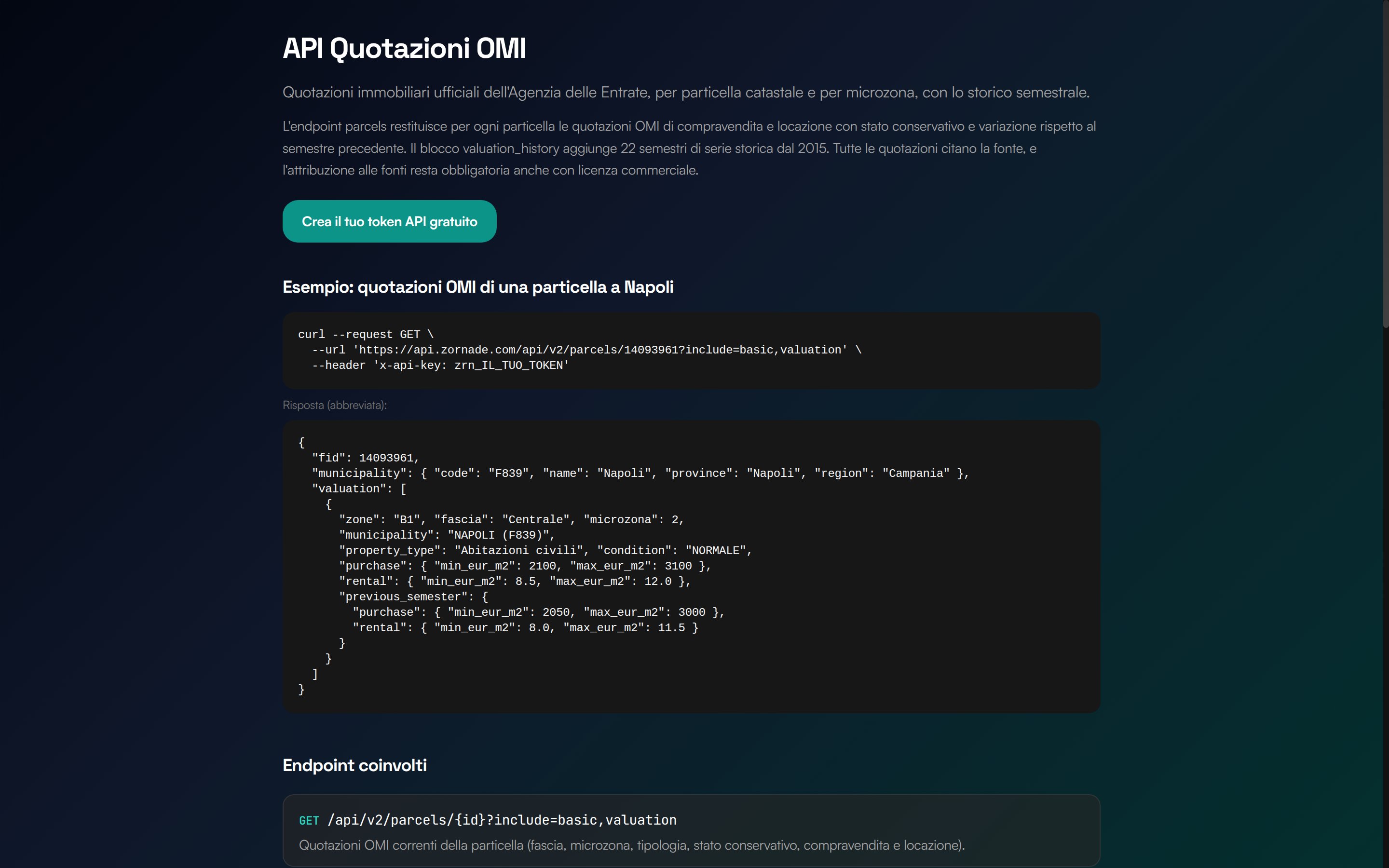 La pagina API Quotazioni OMI dell'app Zornade, con l'esempio di una particella a Napoli