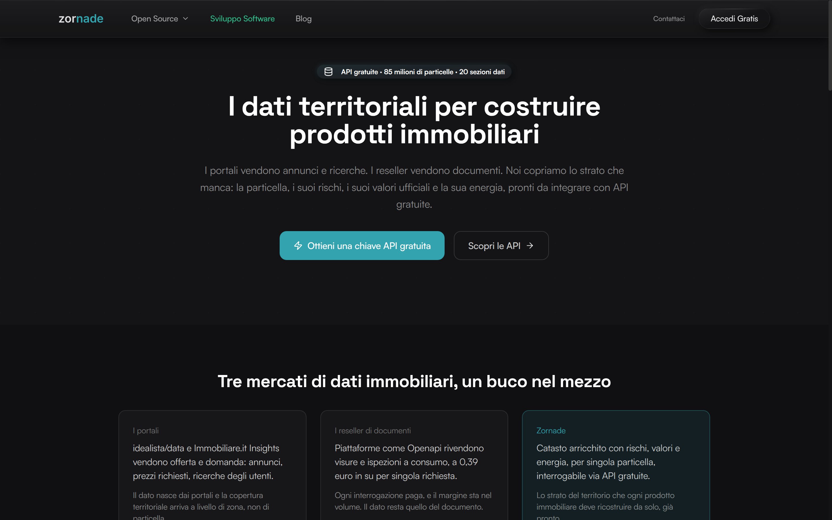 La pagina dati proptech di Zornade: particelle, rischi, valori ed energia pronti da integrare via API