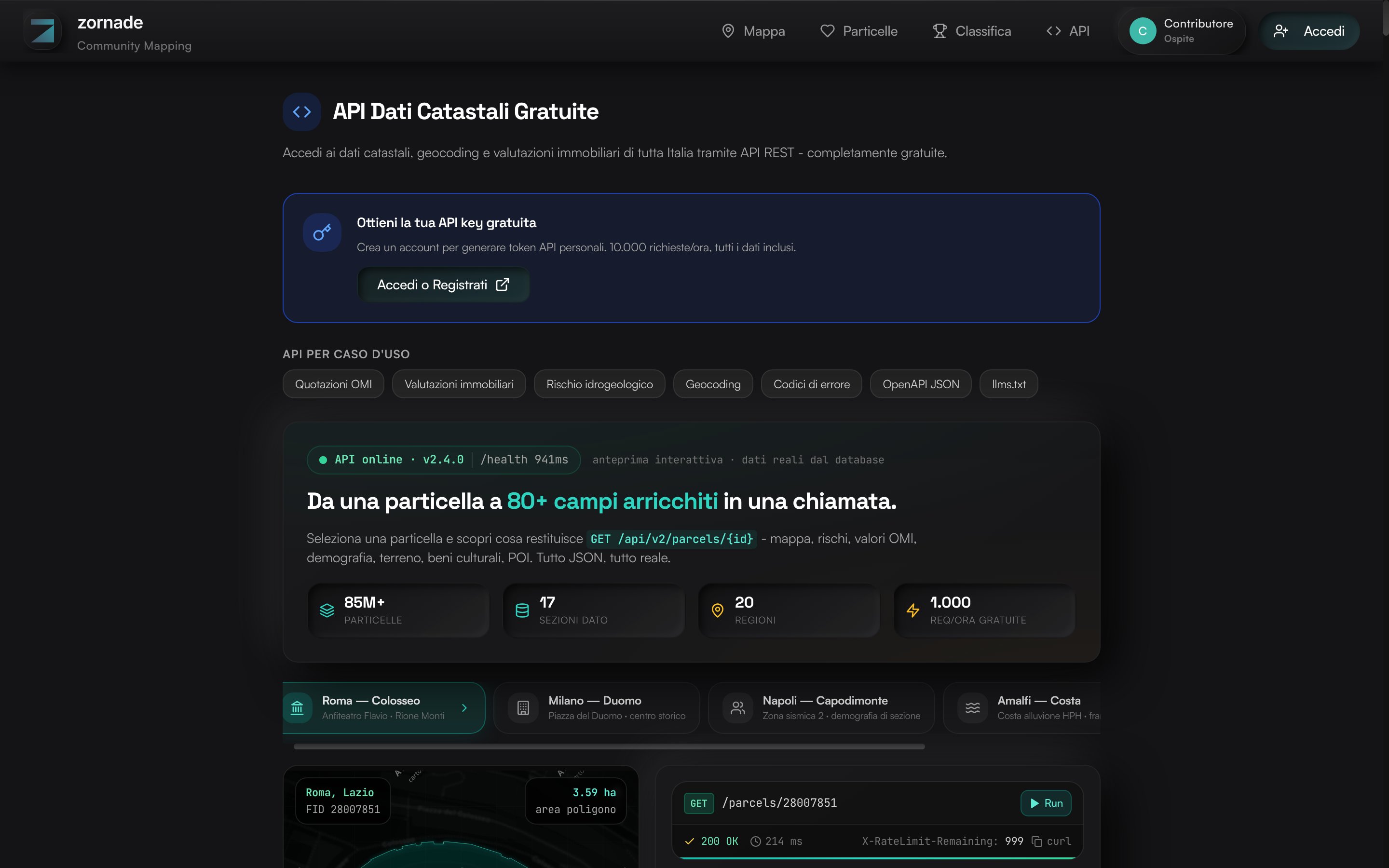 La pagina API dell'app Zornade, con il playground che interroga una particella reale
