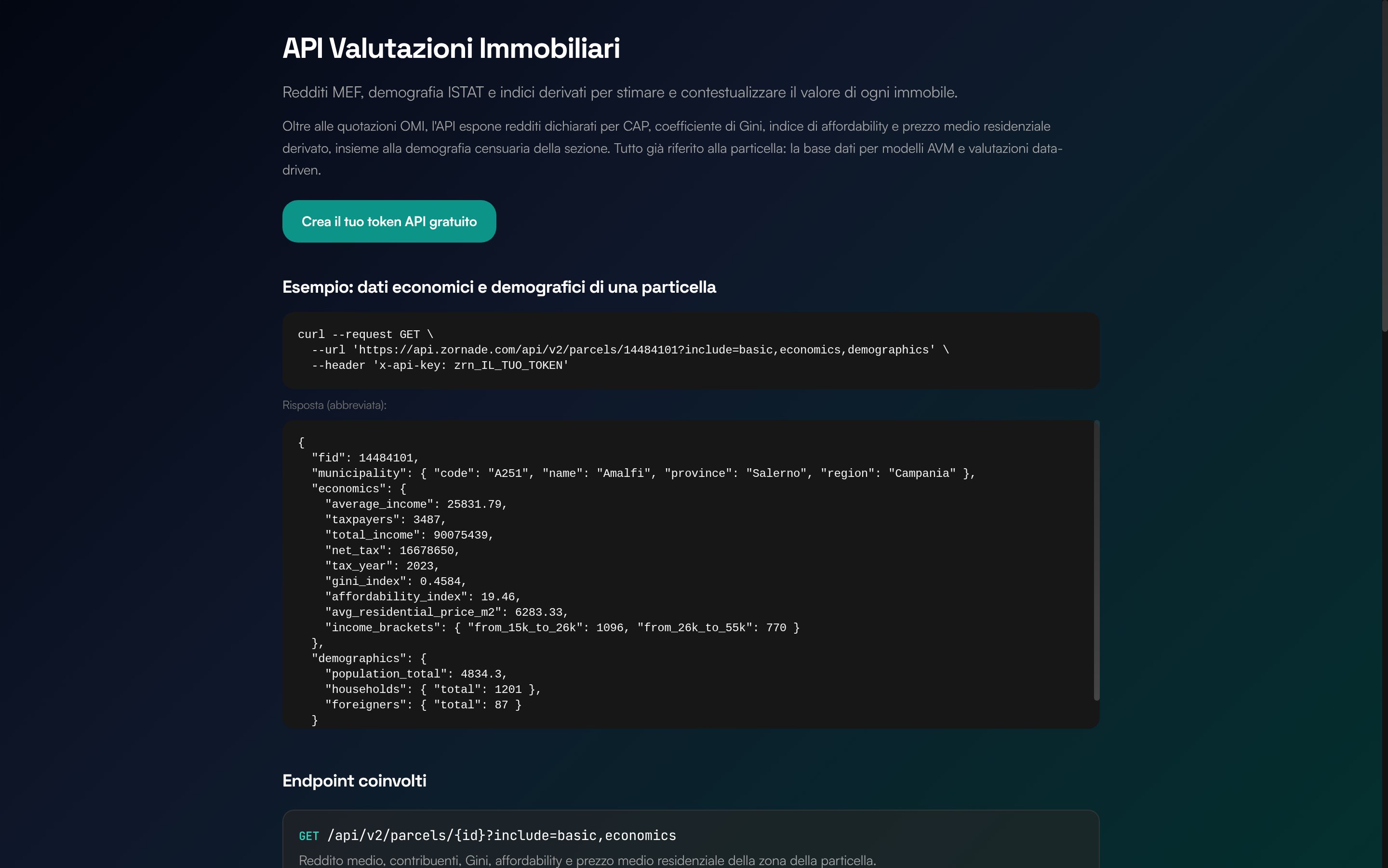 La pagina API Valutazioni Immobiliari dell'app Zornade, con i dati economici e demografici di una particella