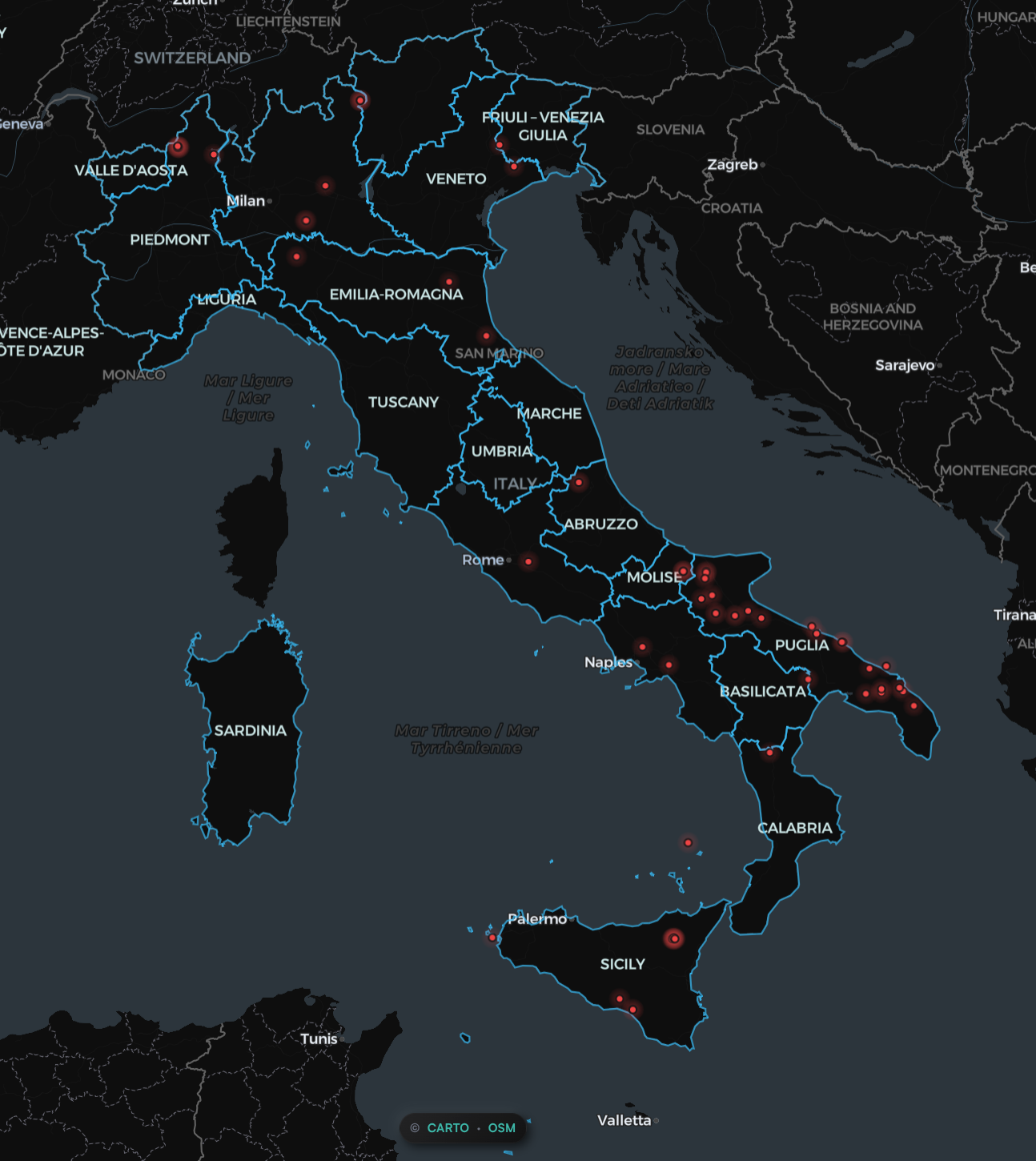 Hotspot satellitari rilevati su tutta Italia, ultime 24 ore